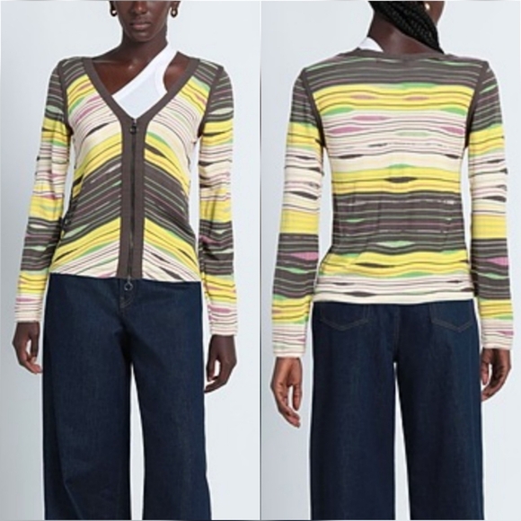 Aldo Martins, Multi Abstract V-neck Zip Front Stretch Knit Cardigan, SZ 10 - Picture 10 of 11